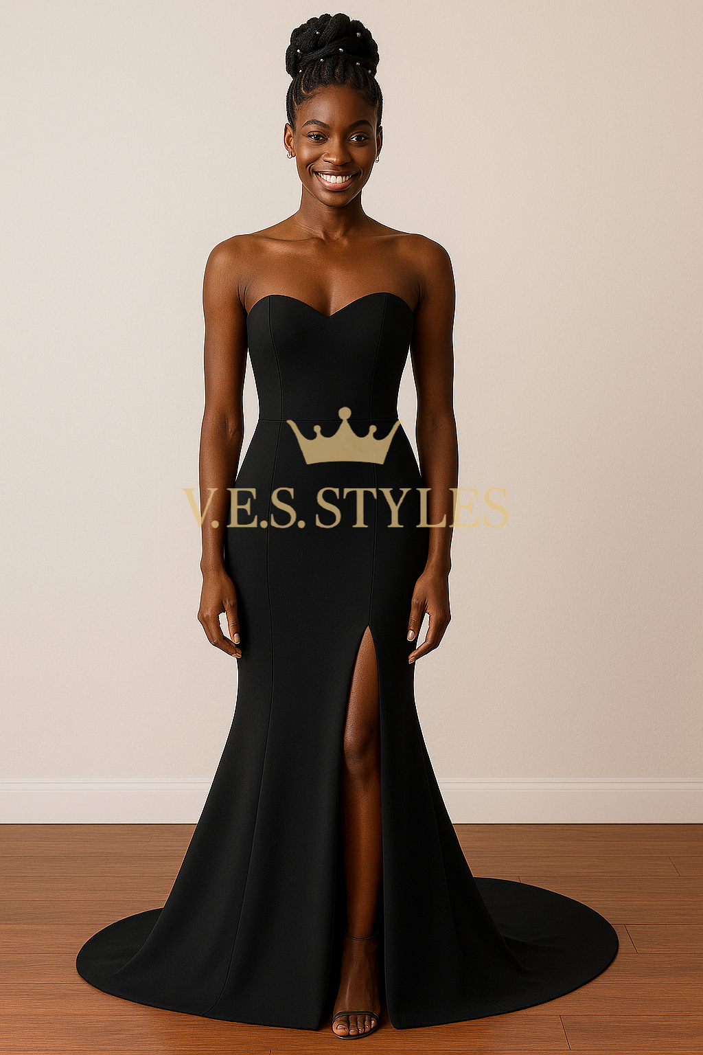 Woman wearing a black strapless gown with a gold crown design and 'V.E.S. Styles' logo on a beige background.– V.E.S. Styles