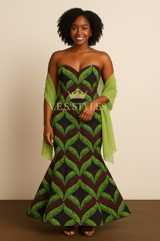 Woman wearing a strapless dress with green and black pattern against a beige background– V.E.S. Styles