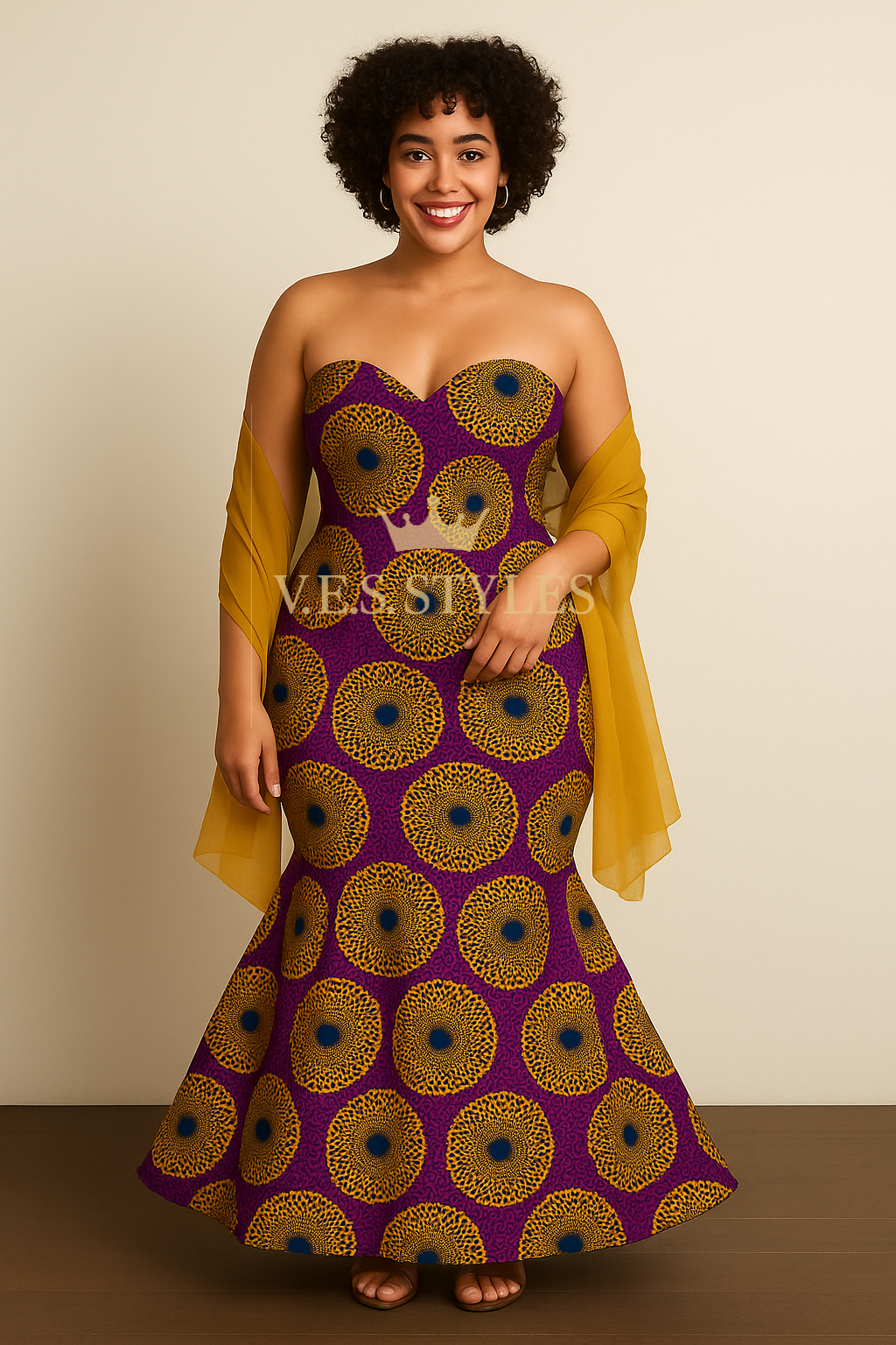 Woman wearing a strapless dress with a gold and purple pattern, holding a yellow scarf– V.E.S. Styles