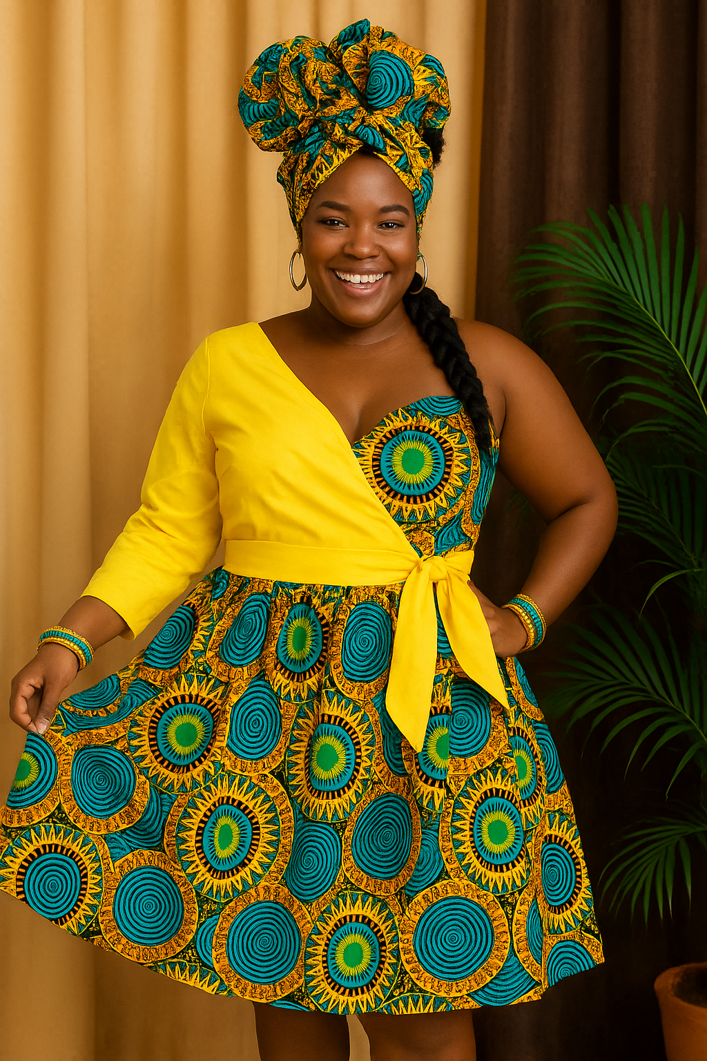 "Smiling woman is wearing a brightly coloured Ankara wax cloth dress dress with a sweetheart neckline — V.E.S. Styles Trinidad and Tobago."
