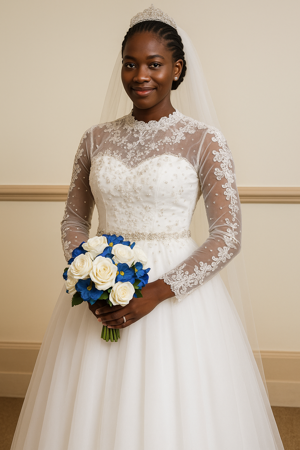 "Smiling bride in a modest tulle and lace wedding dress holding a blue and white bouquet — V.E.S. Styles Trinidad and Tobago."
