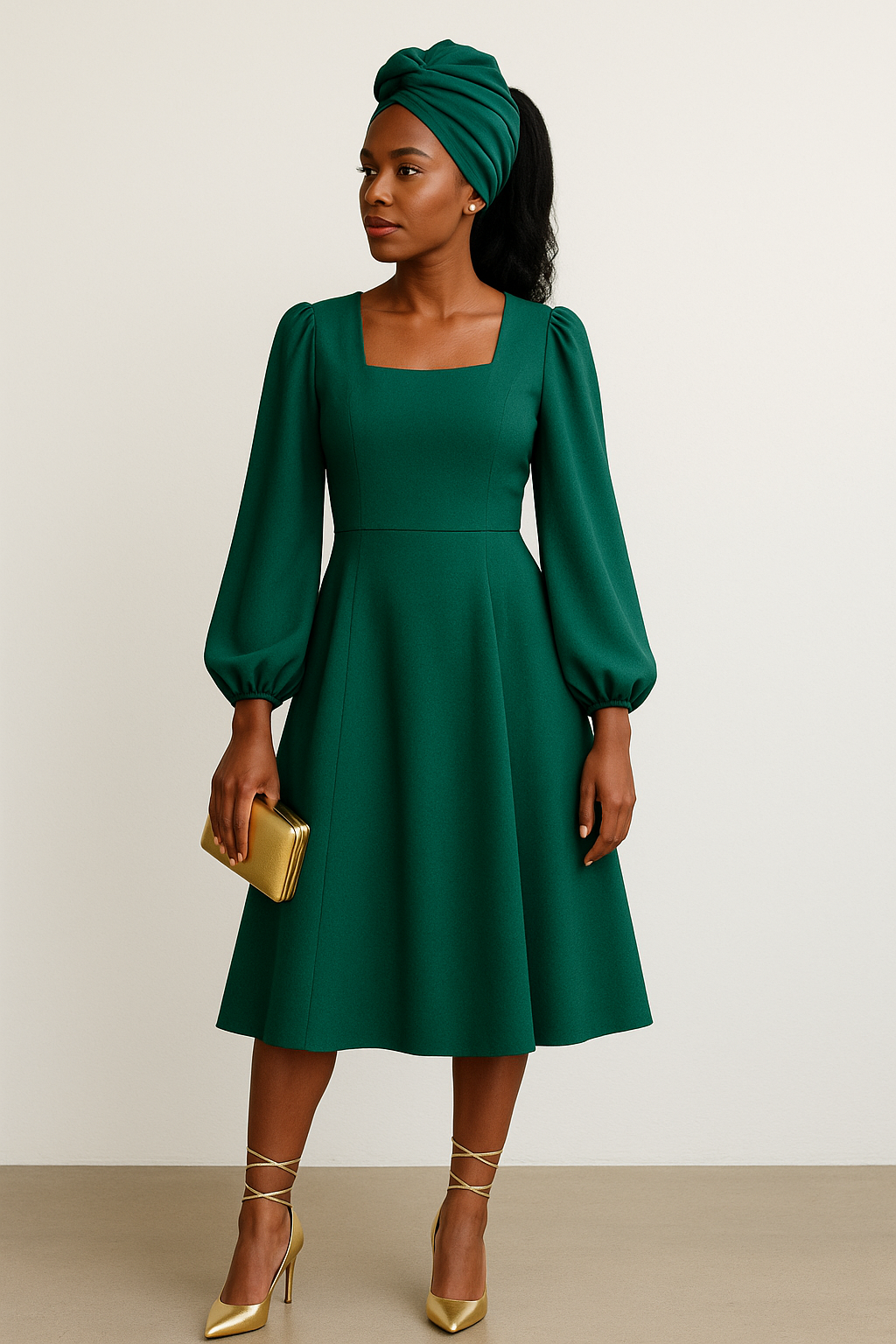 "Woman is wearing green, knee length Chiffon dress with bell sleeves and a square neckline. Her accessories are a gold clutch bag and gold pumps — V.E.S. Styles Trinidad and Tobago."