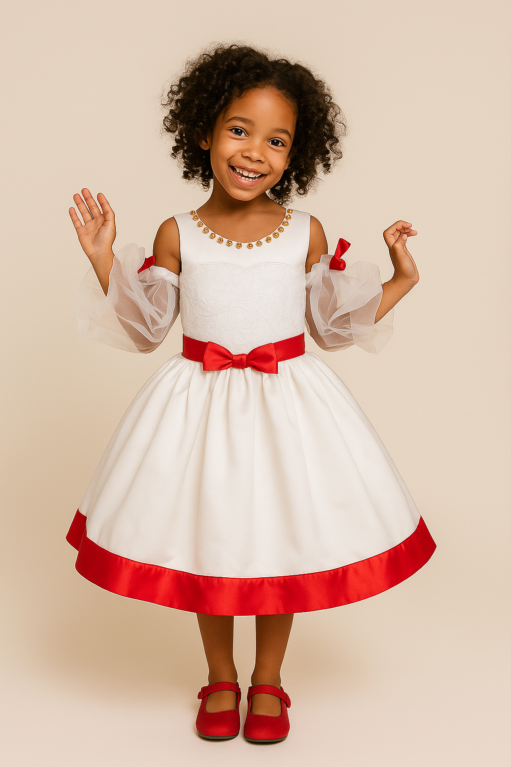 "Little girl about age six in a red and white satin dress with a red bow on the waistband. Her dress has puffy tulle sleeves — V.E.S. Styles Trinidad and Tobago."

