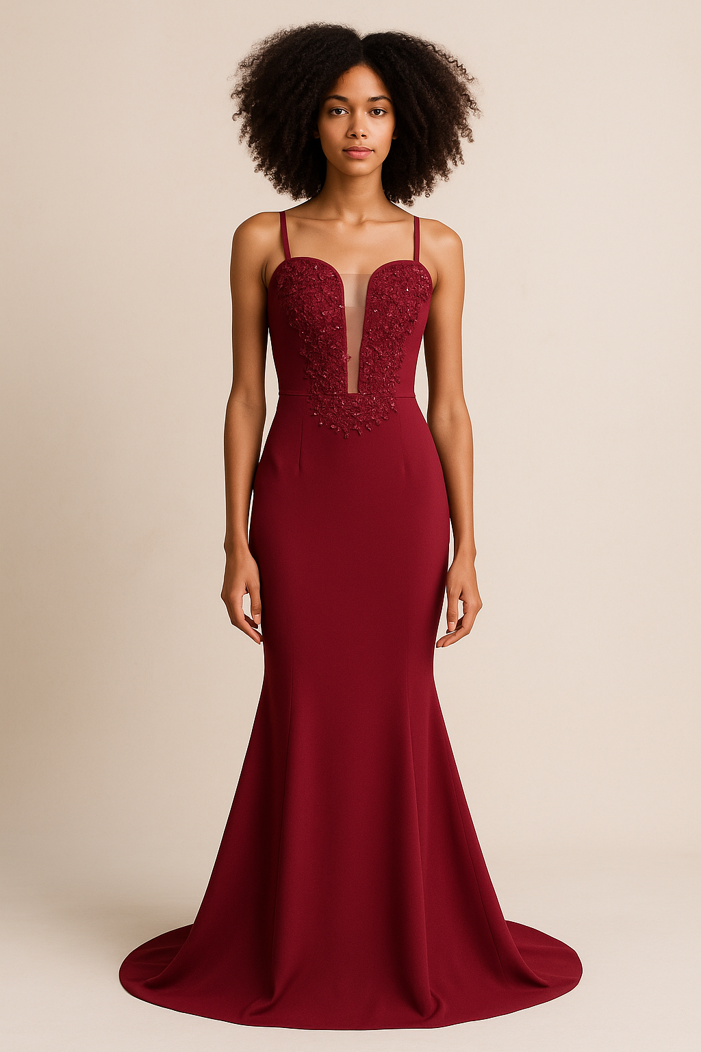 "Bridesmaid in fitted burgundy mermaid dress with sweep train. Dress has lace embellishments on the bodice and has a lace train — V.E.S. Styles Trinidad and Tobago."
