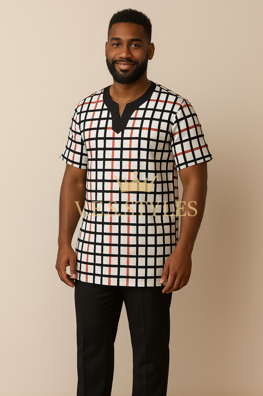 Man wearing a checkered shirt with a beige background– V.E.S. Styles