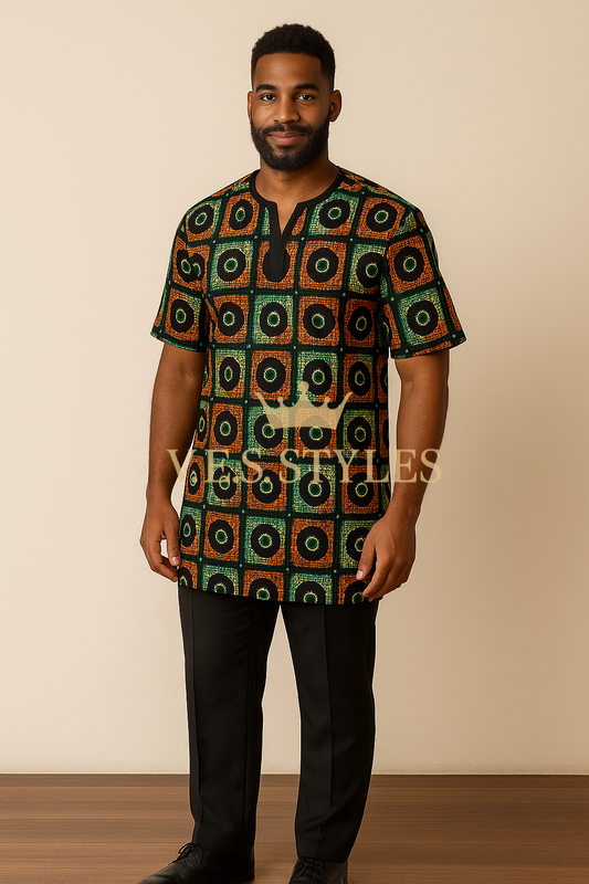 Man wearing a patterned shirt with a plain background– V.E.S. Styles